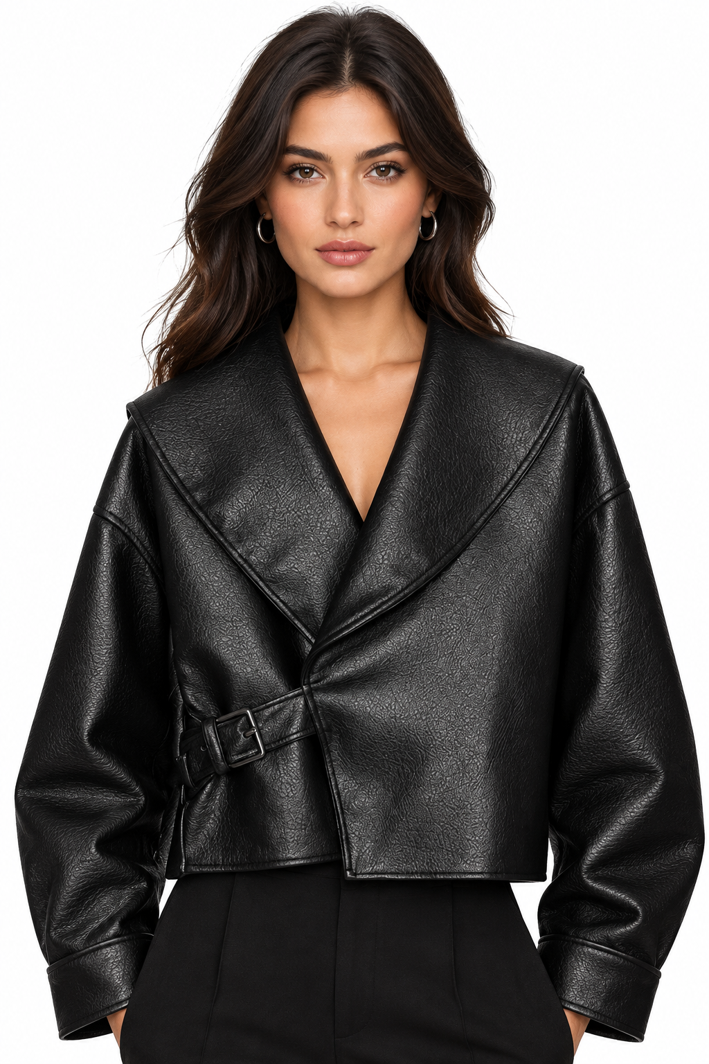 Women's Jacket Vintage Solid Faux Leather Belted Turn-Down Collar Full-Sleeve Short Loose Thick Outerwear Coat