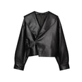 Women's Jacket Vintage Solid Faux Leather Belted Turn-Down Collar Full-Sleeve Short Loose Thick Outerwear Coat