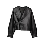 Women's Jacket Vintage Solid Faux Leather Belted Turn-Down Collar Full-Sleeve Short Loose Thick Outerwear Coat