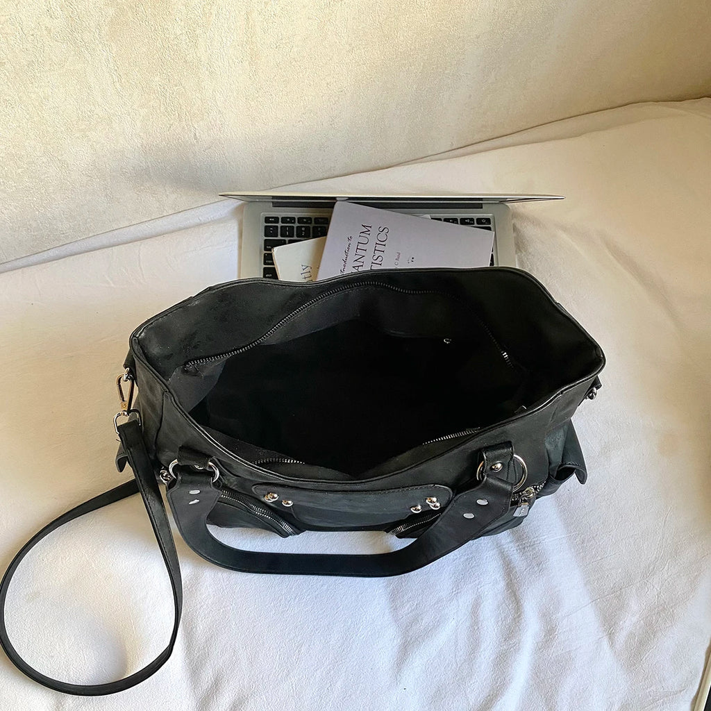 Women's PU Leather Hobo Shoulder Bag - Silver Stud Rivet Detail, Adjustable Strap