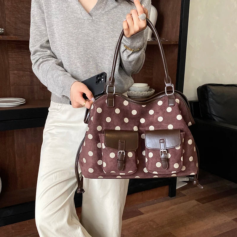 Women's Tote Bag Vintage Dot-Pattern Faux PU Leather Zipper Shoulder Bag with Phone Pocket