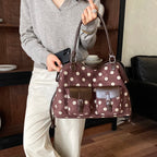 Women's Tote Bag Vintage Dot-Pattern Faux PU Leather Zipper Shoulder Bag with Phone Pocket