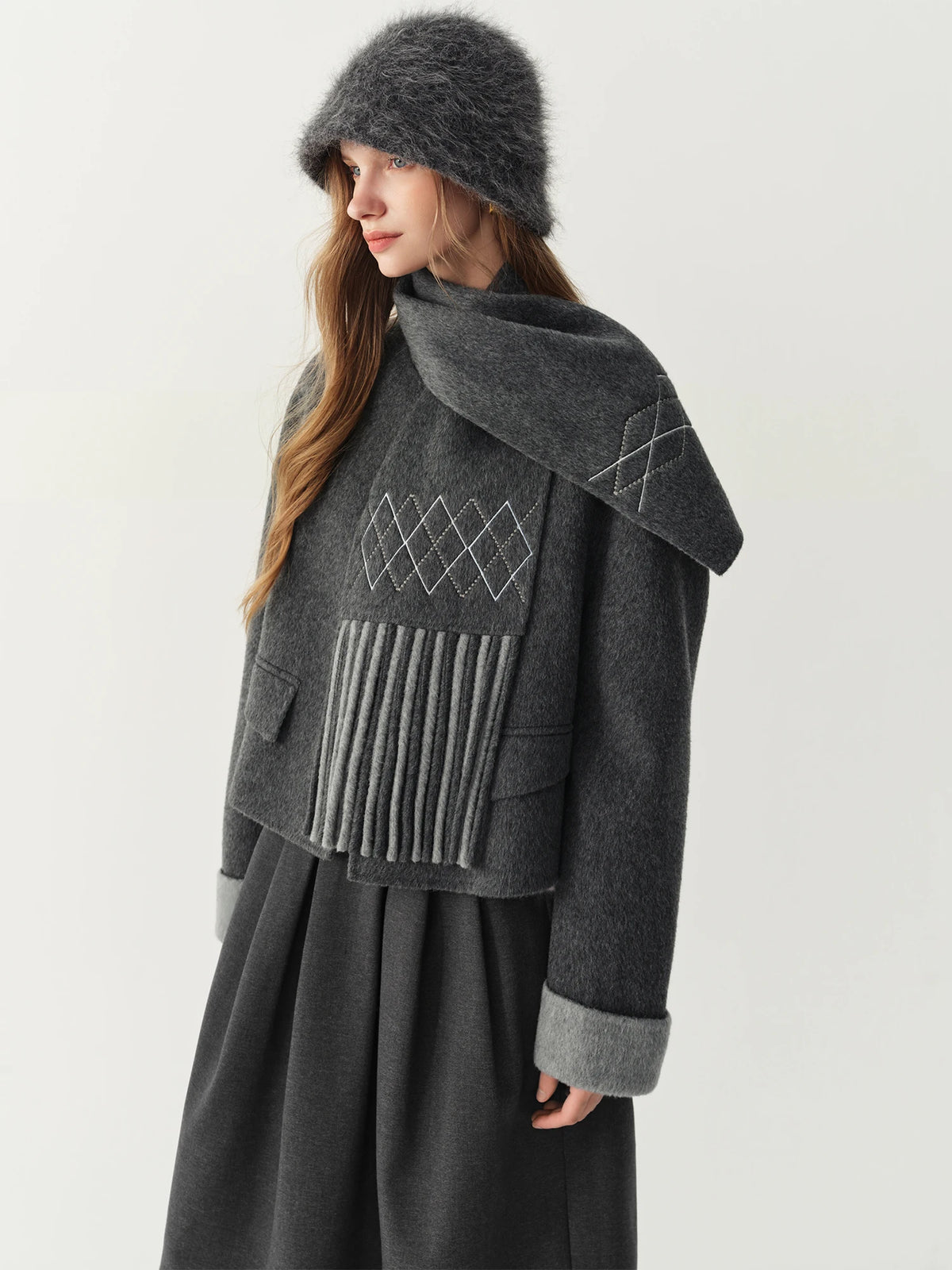 Women's 100% Wool Double-Faced Short Coat – Round Neck, Fringe Scarf, Wide Waist