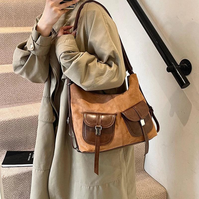 Nubuck Leather Shoulder Bags Flap Outer Pockets Women Soft Handbags Purses