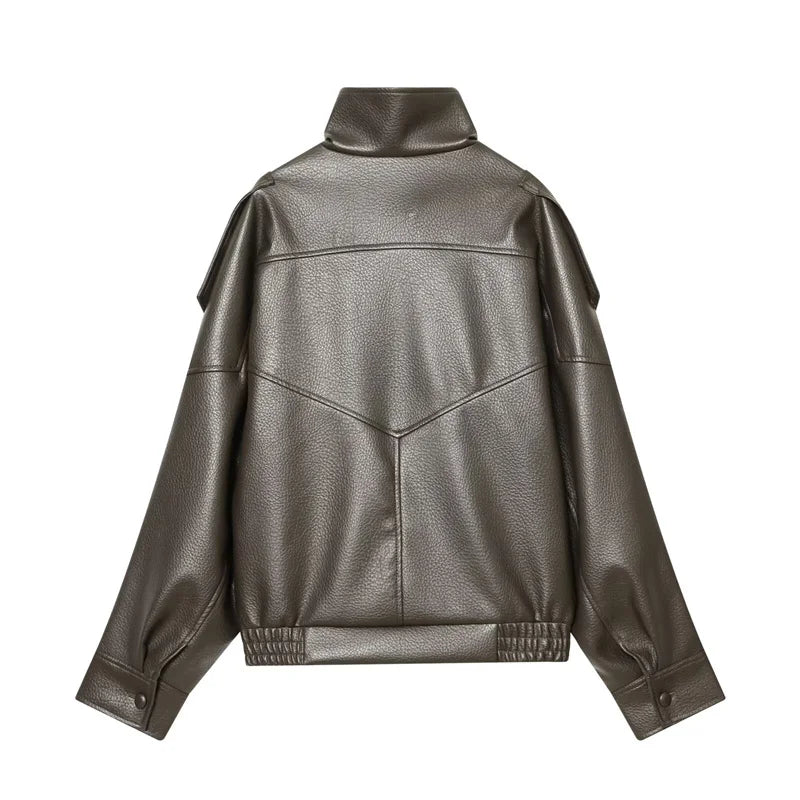 Women's Jacket Pebble Faux Leather Full-Sleeve Moto-Style Zipper Casual Coat