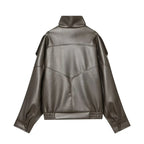 Women's Jacket Pebble Faux Leather Full-Sleeve Moto-Style Zipper Casual Coat