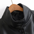 Women's Faux Leather Casual Fashion Jacket Belted Stand-Collar Button-Front Coat