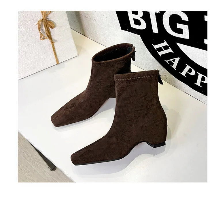 BIGTREE Damen Wildlederschnürstiefel Quadratische Spitze Blockabsatz Reißverschluss