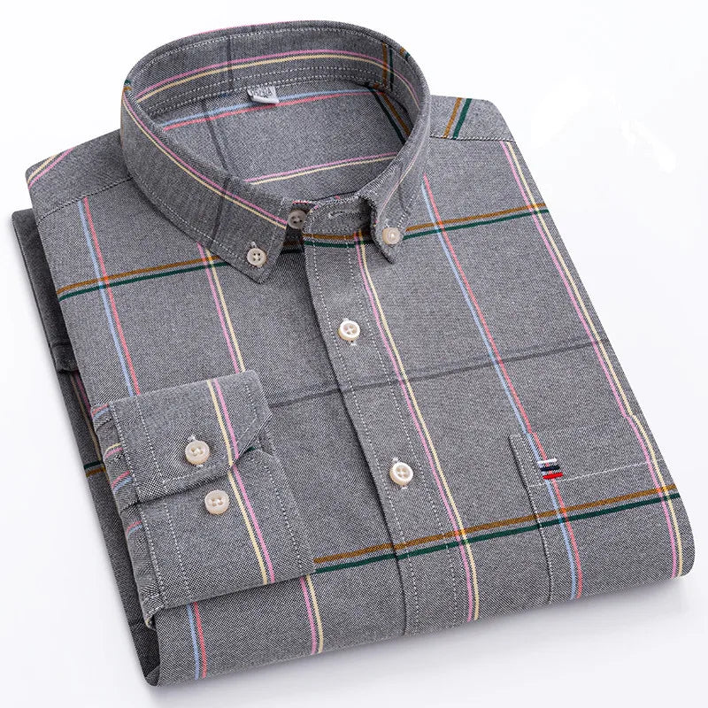 Men's 100% Cotton Shirt Long Sleeve Plaid Oxford Casual Solid Color Print Regular Fit Formal Dress Shirt Oversized 7XL  6XL 5XL