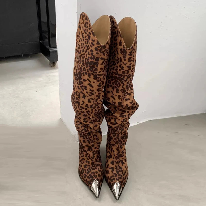 Women's Metal-Toe Western Boots in Leopard Print & Brown