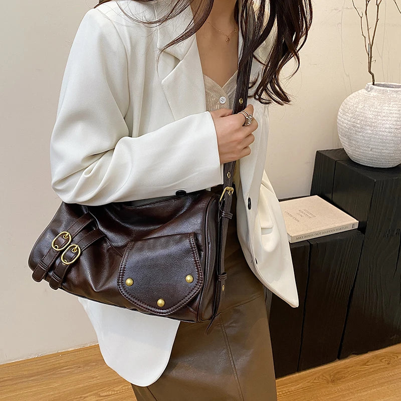 Large Retro Leather Crossbody Bags Outer Flap Pocket Belt Stud Zipper Shoulder Bags