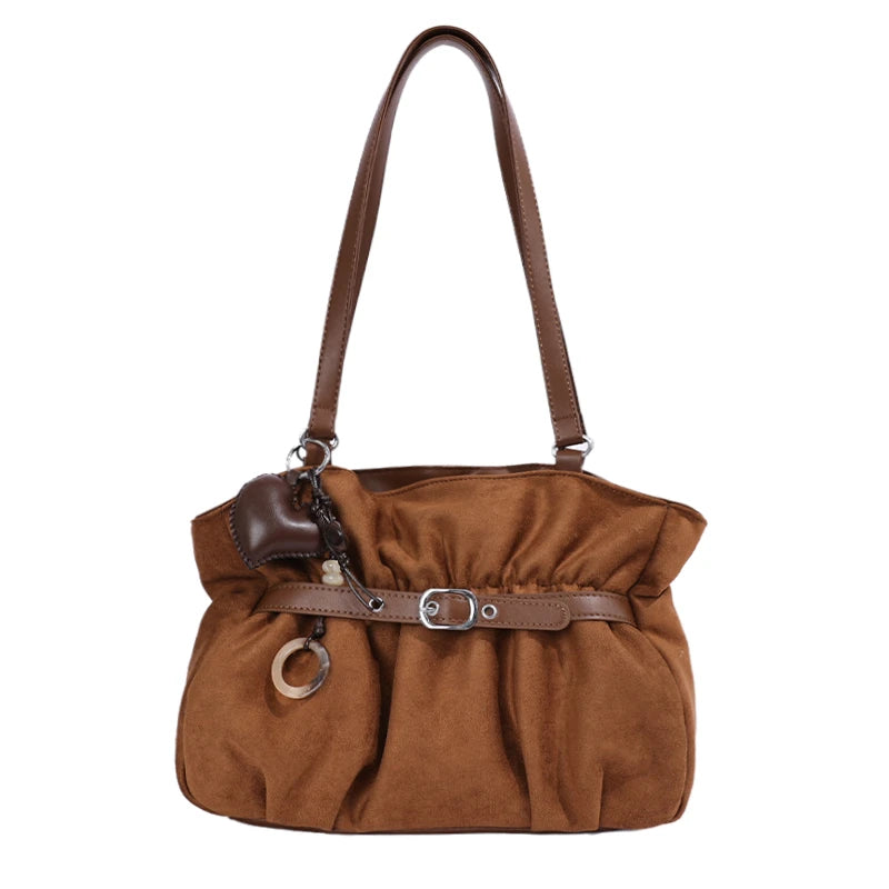 Women's Shoulder Bag Vintage Ruched PU Leather Zipper Tote Bag with Phone Pocket & Charm