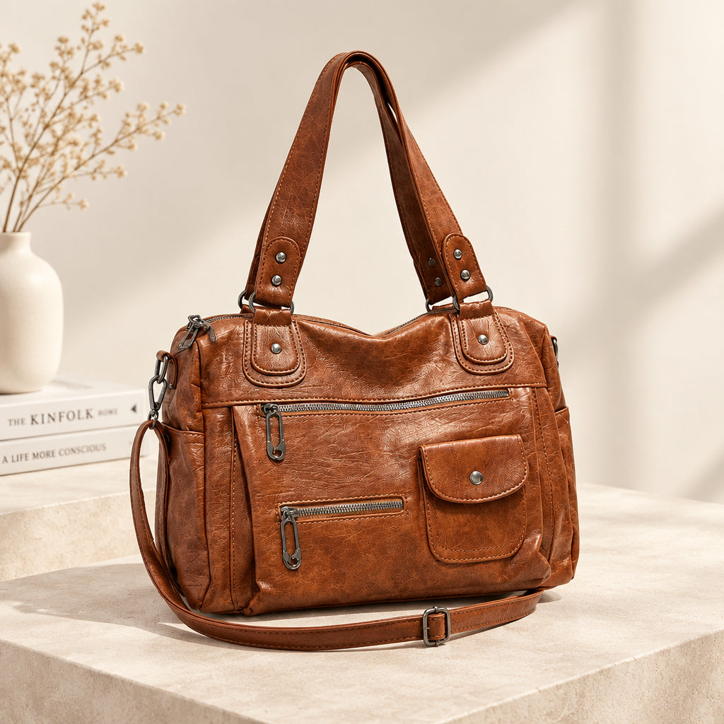 Women's Vintage PU Leather Tote Bag - Top Handle, Large Capacity, Crossbody