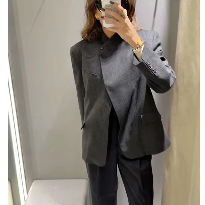 Women's Plaid Stand-Collar Single-Button Blazer Fashion High Street Outwear