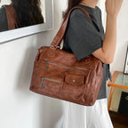 Women's Vintage PU Leather Tote Bag - Top Handle, Large Capacity, Crossbody
