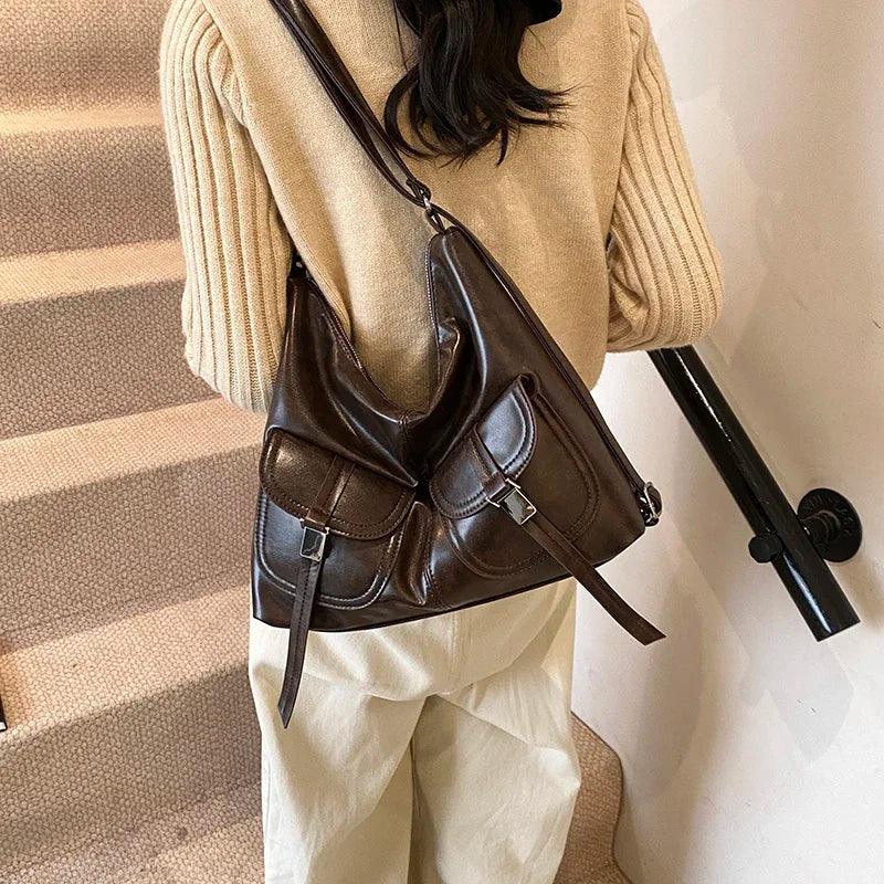 Nubuck Leather Shoulder Bags Flap Outer Pockets Women Soft Handbags Purses