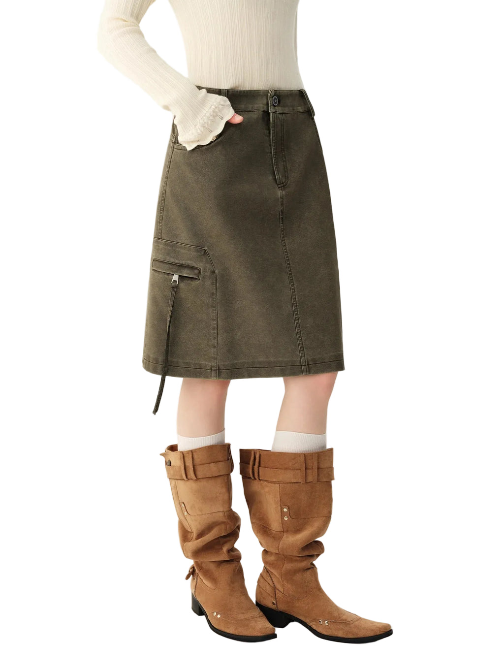 Women's Skirt Viscose Broadcloth Straight Cargo-Style Pockets High-Rise Empire Waist Knee-Length Casual Winter