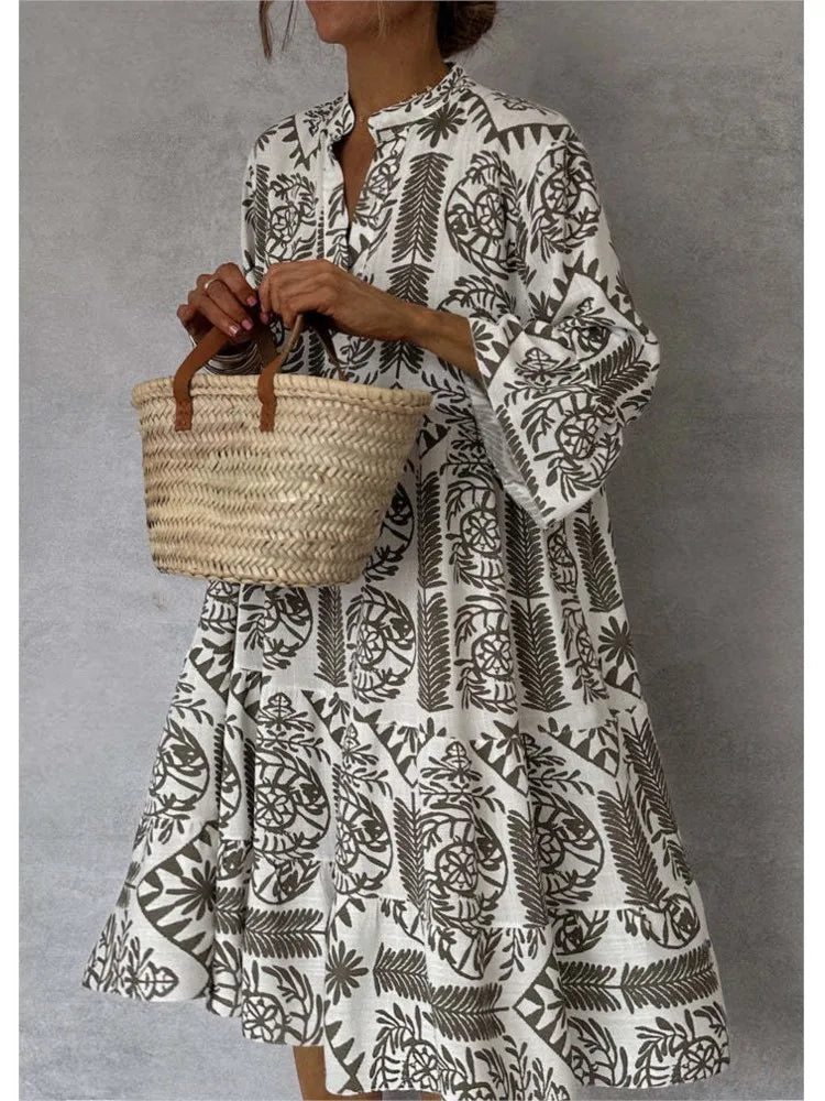 Bohemian Print Midi Dress – V-Neck 3/4 Sleeve Beach Dress