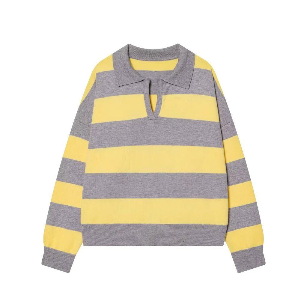 Women's Striped Polo Sweater Casual Long Sleeve Loose Pullover