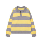 Women's Striped Polo Sweater Casual Long Sleeve Loose Pullover