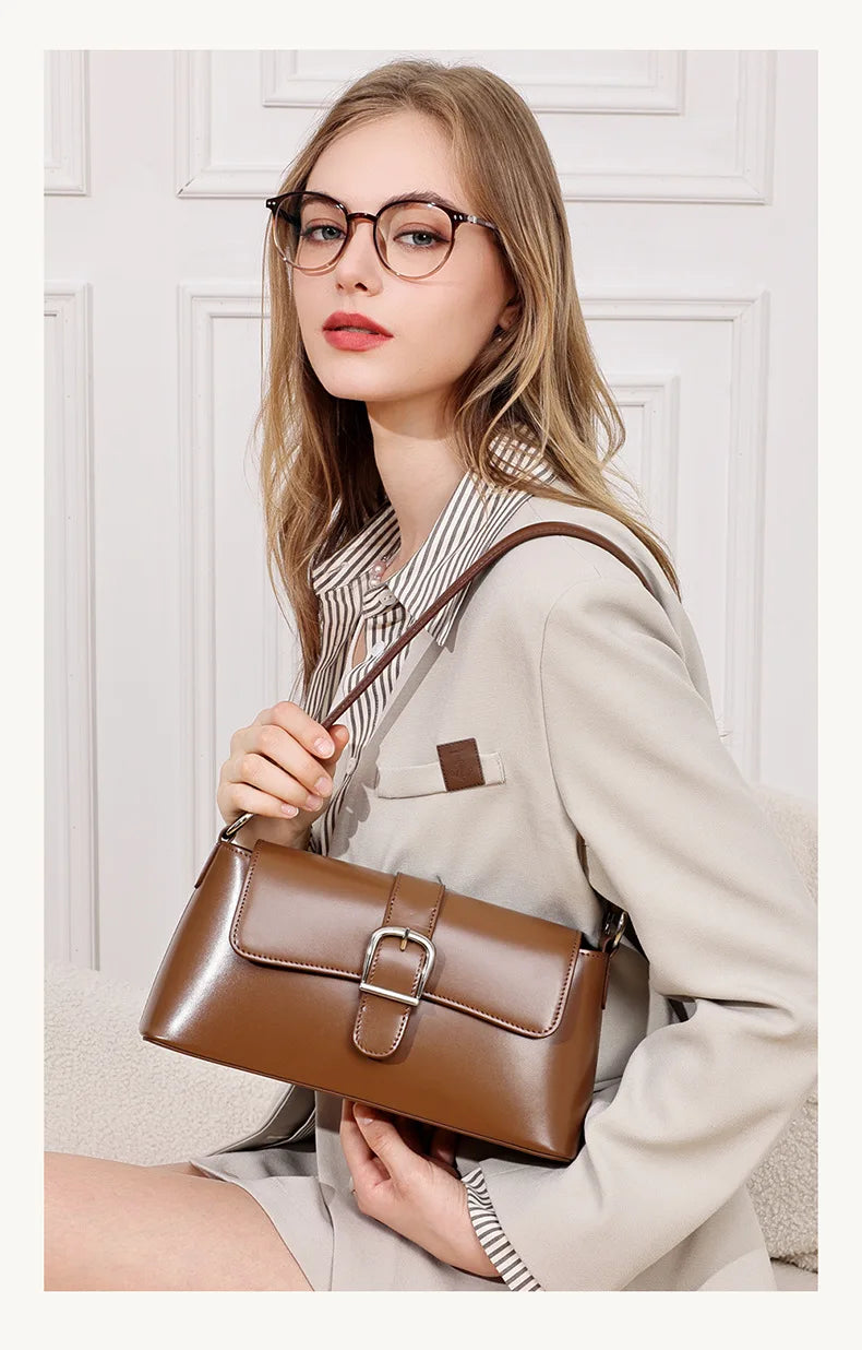 Women's Genuine Leather Baguette Shoulder Bag – Vintage Cowhide Crossbody