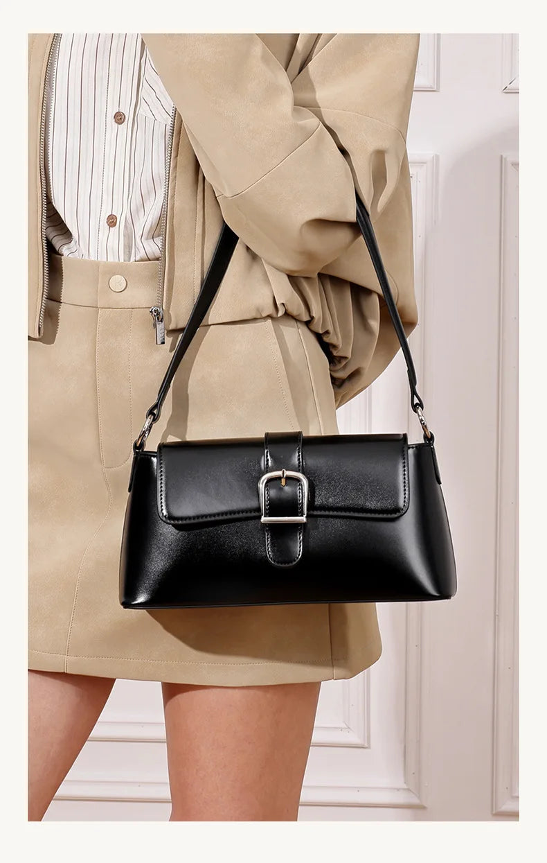 Women's Genuine Leather Baguette Shoulder Bag – Vintage Cowhide Crossbody