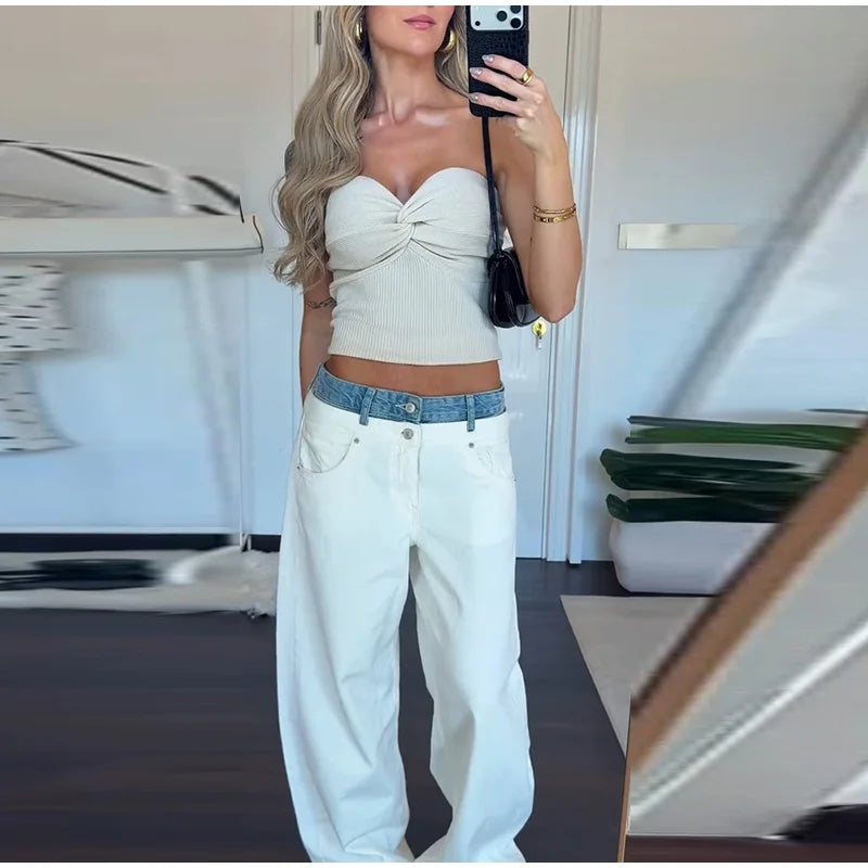 Women's Denim Patchwork Wide-Leg Ankle Jeans Drawstring Low Waist Loose Fit Casual Trendy Bottoms