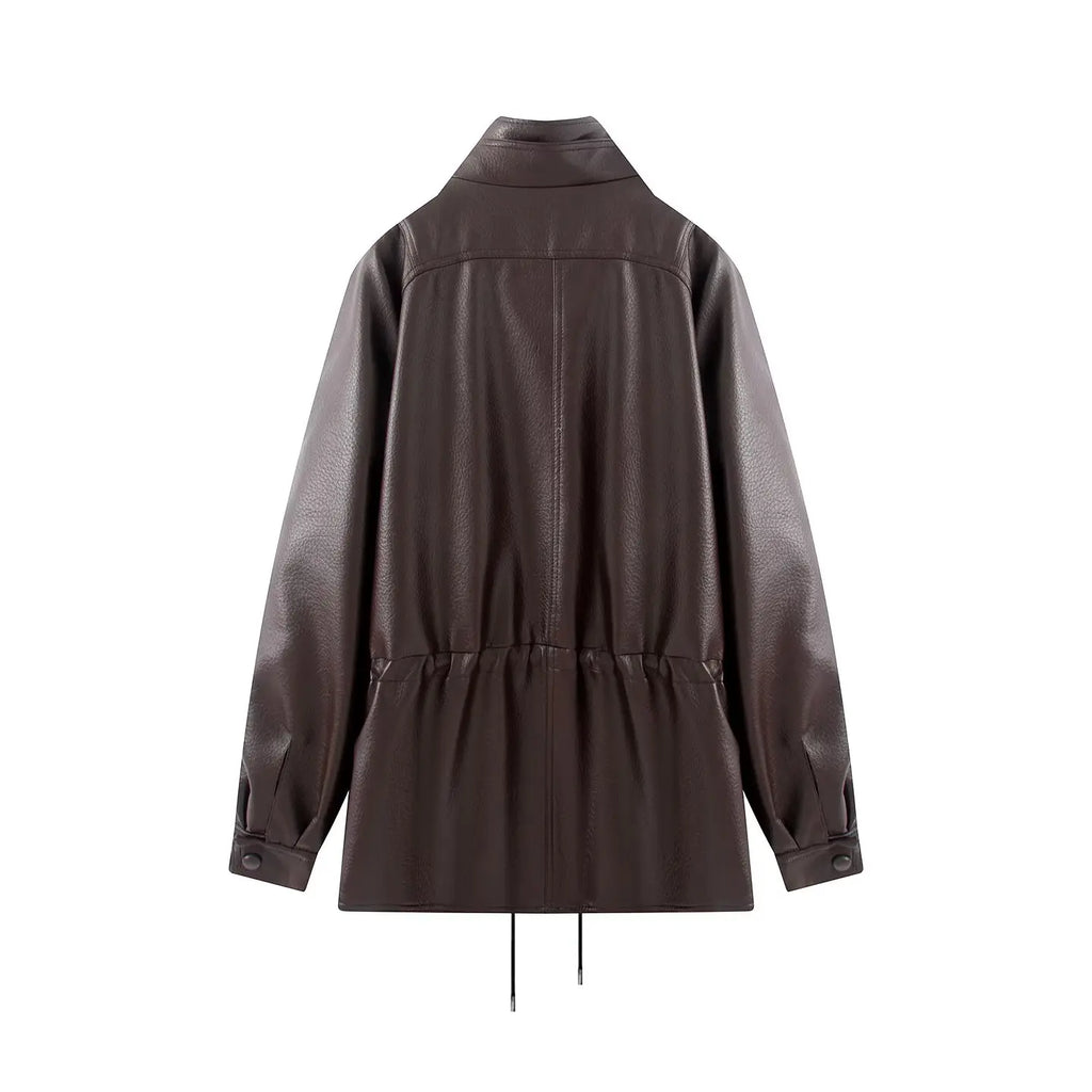 Women's Jacket Vintage PU Faux Leather Drawstring Double-Breasted Pleated Full-Sleeve Casual Coat