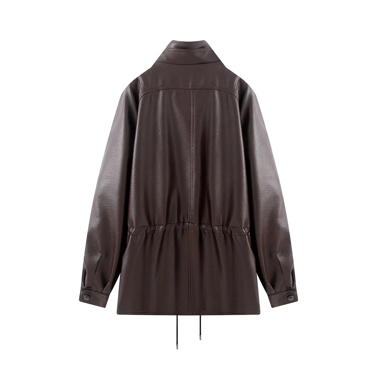 Women Fashion PU Solid Drawstring Double Breasted Jackets Vintage High Neck Long Sleeves Female Chic Lady Outfits