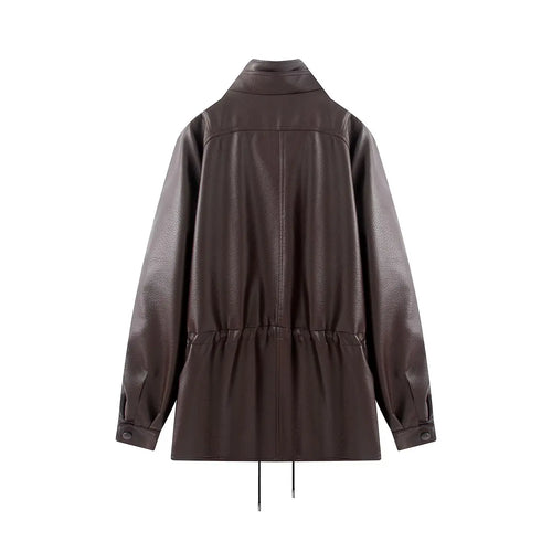 Women Fashion PU Solid Drawstring Double Breasted Jackets Vintage High Neck Long Sleeves Female Chic Lady Outfits