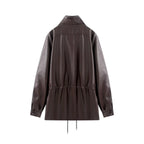 Women's Jacket Vintage PU Faux Leather Drawstring Double-Breasted Pleated Full-Sleeve Casual Coat