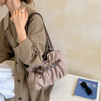 Women's Shoulder Bag Vintage Ruched PU Leather Zipper Tote Bag with Phone Pocket & Charm
