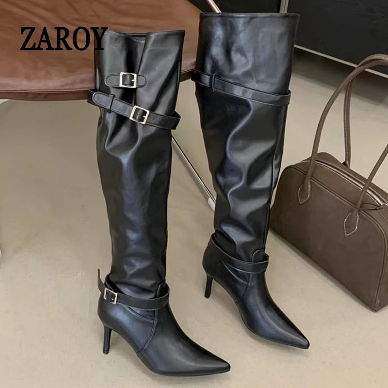 Women's Black Buckle Knee-High Boots with Stiletto Heels