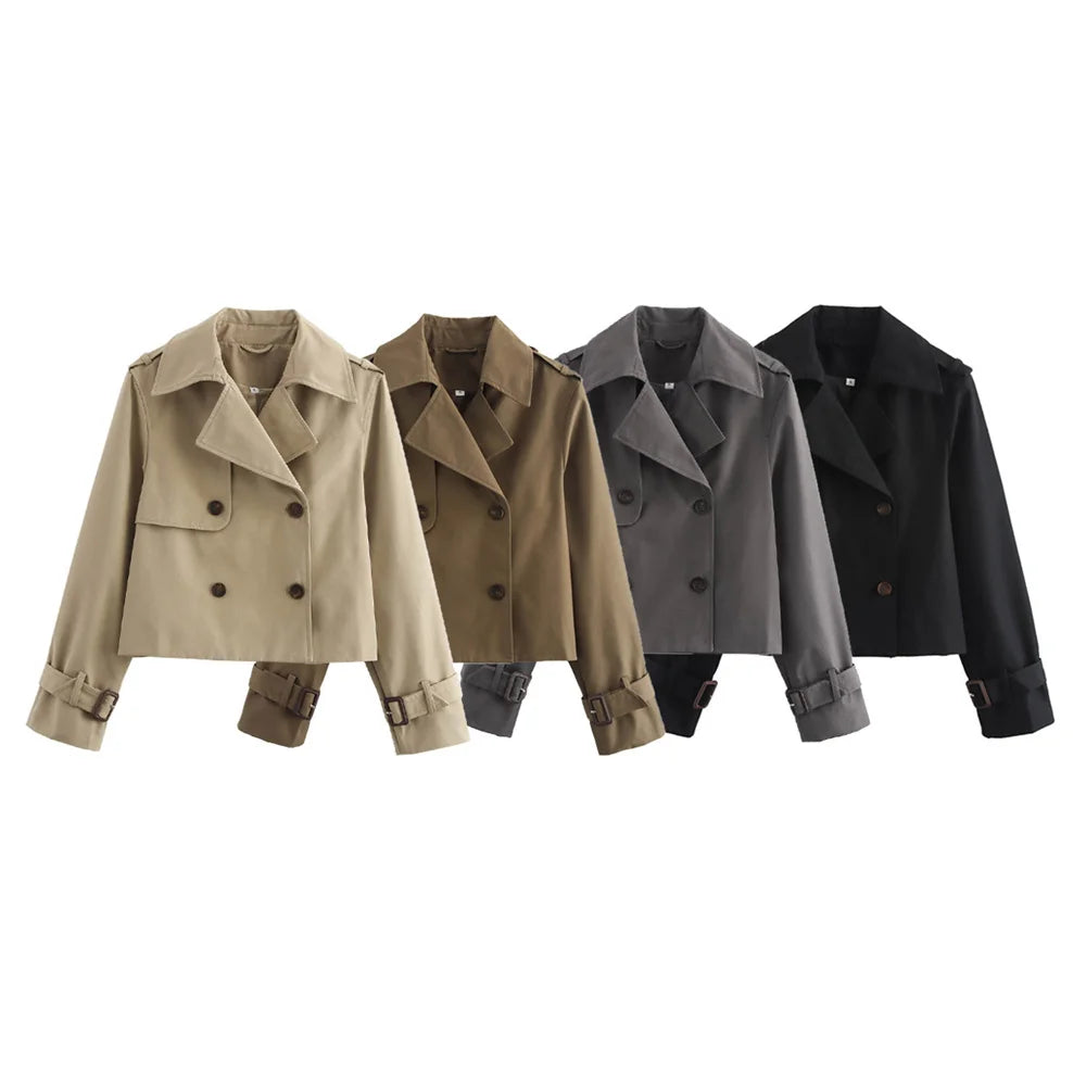 Women's Cropped Trench Coat Autumn Jacket Women Streetwear Double Breasted Long Sleeve