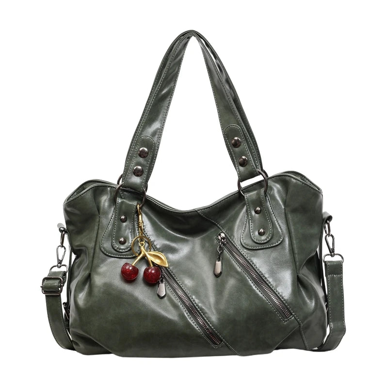 Women's Faux Leather Tote Shoulder Bag with Charm