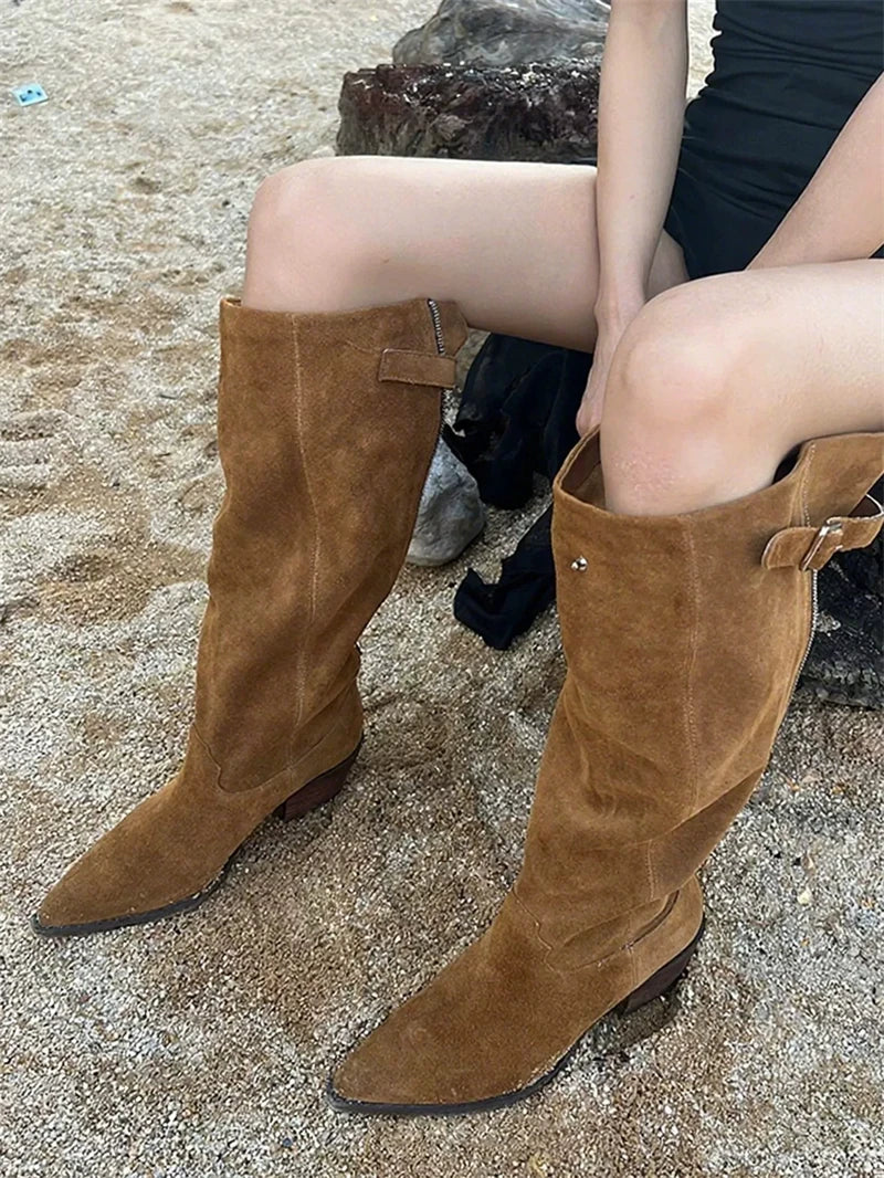 Women's Faux Suede Knee-High Boots with Buckle Detail