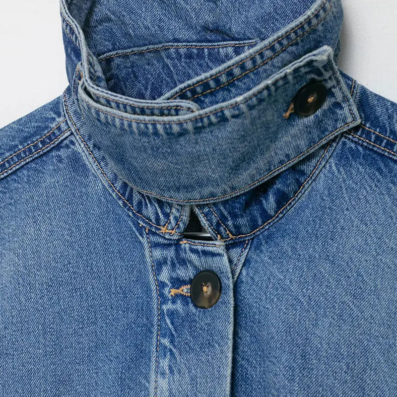 Women's Street Fashion Denim Jackets Long Sleeves High Neck New Casual Denim Coats ﻿