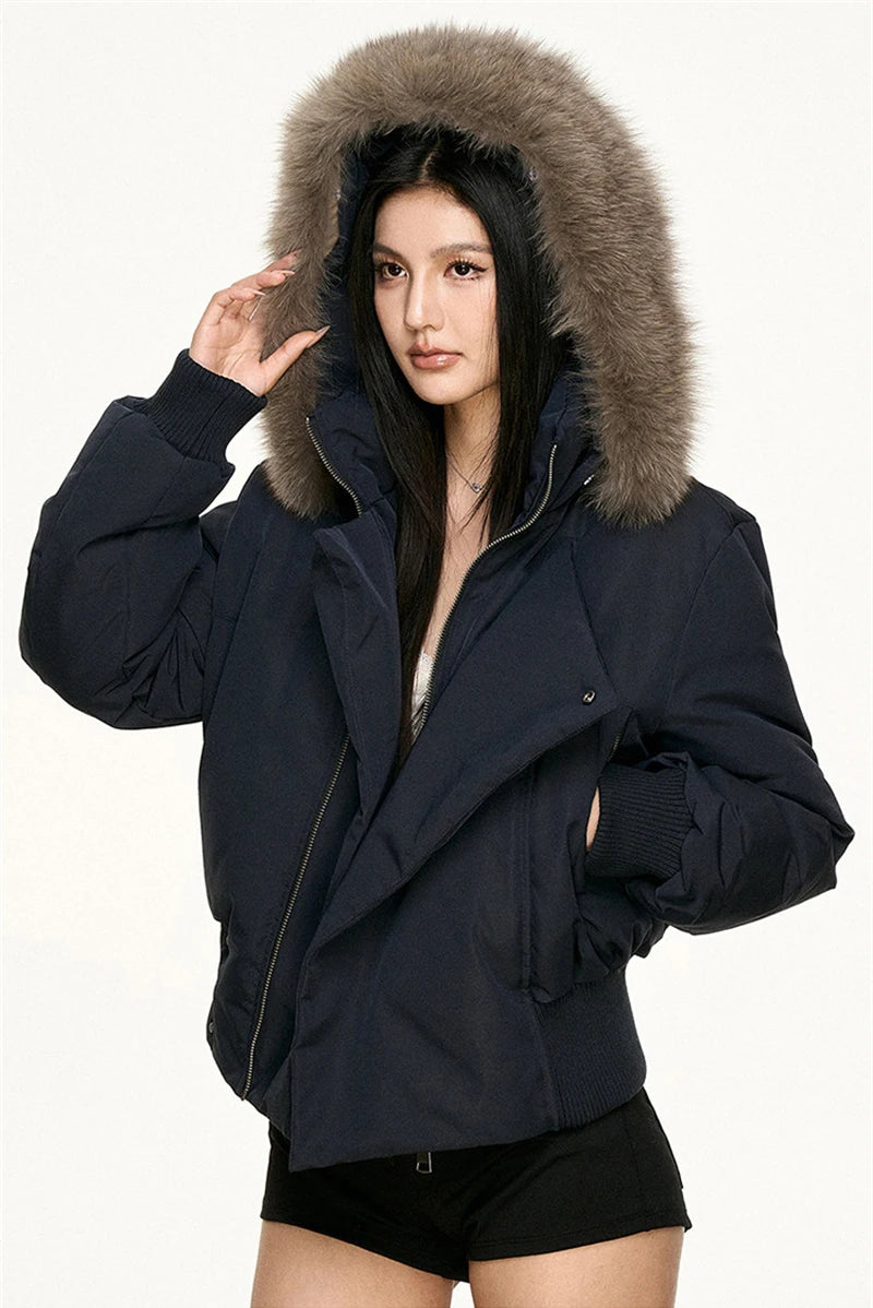 Women's Hooded Winter Bomber Jacket with Faux Fur Trim