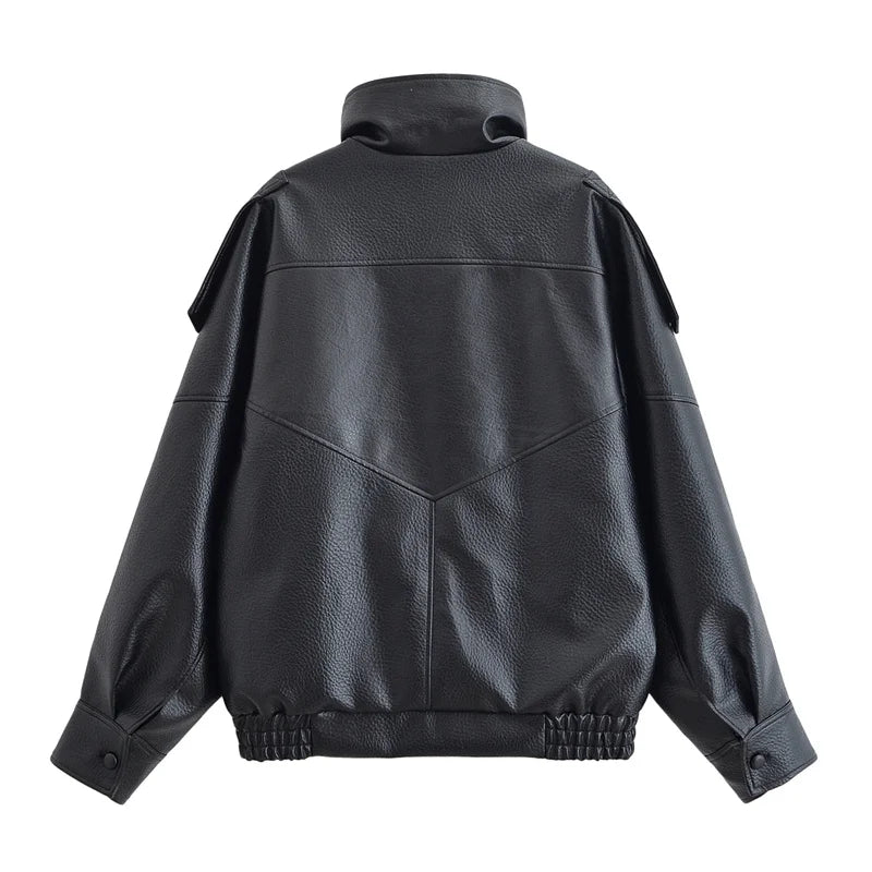 Women's Jacket Jacket Motorcycle Style 2026 Autunm Black Long Sleeve Pebble Faux Leather Fashion