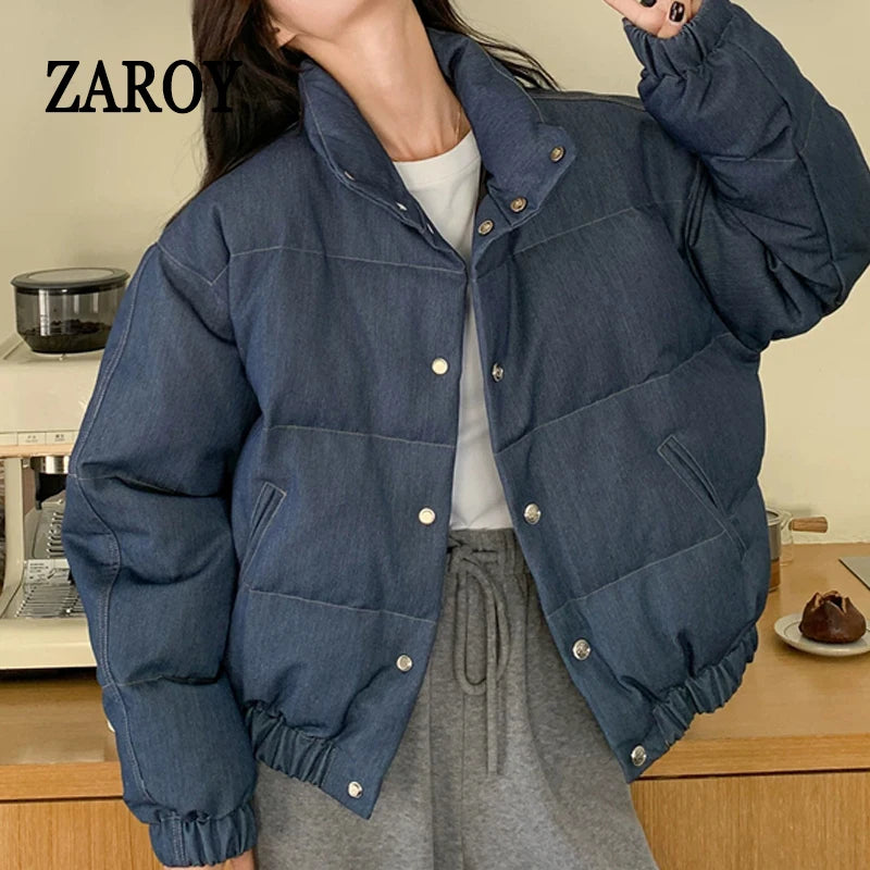 Women's Denim-Look Puffer Jacket with Stand Collar