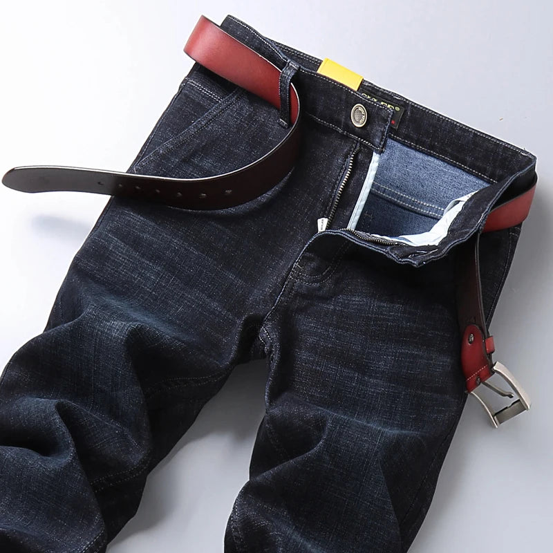 New High Quality Jeans Men's Business Casual Straight Denim Pants Stretch Fashion Classic Work Trousers Blue Black Male