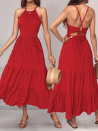 Off-Shoulder Backless Maxi Dress – Sleeveless Ruffle Holiday Dress