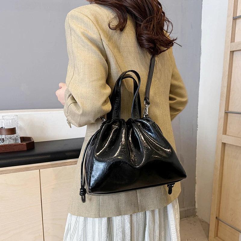 Small Leather Bucket Bags Tote Handbags Women Drawstring Crossbody Bags