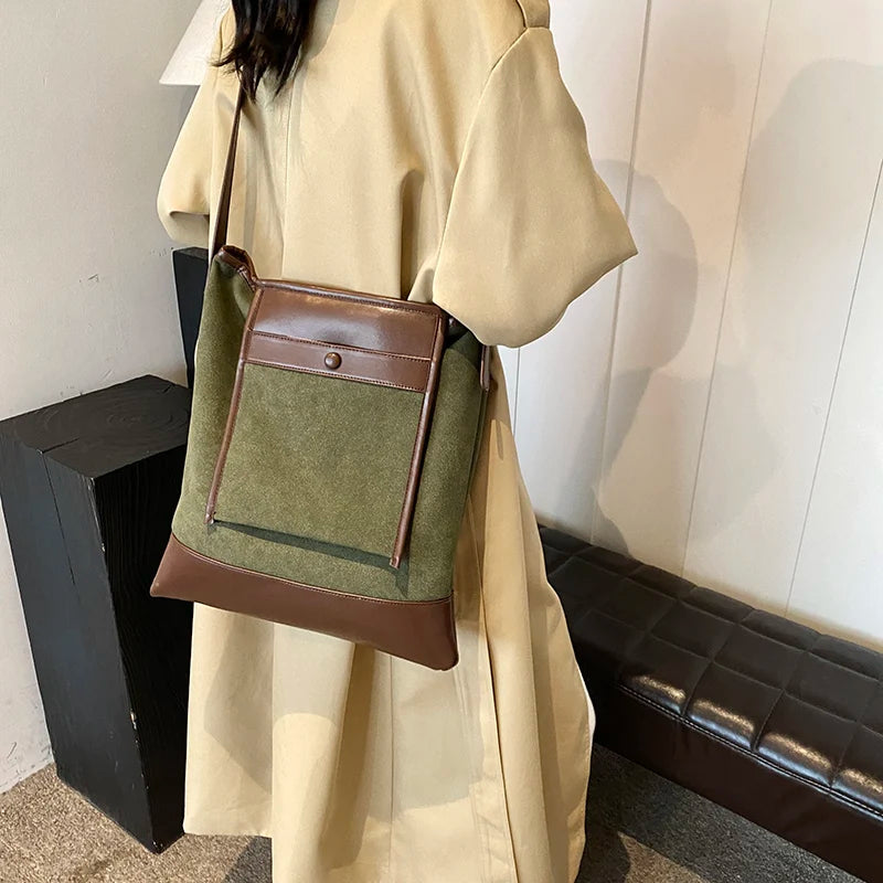 Large Suede Leather Shoulder Bags Women Retro Flap Outer Big Pocket Handbags