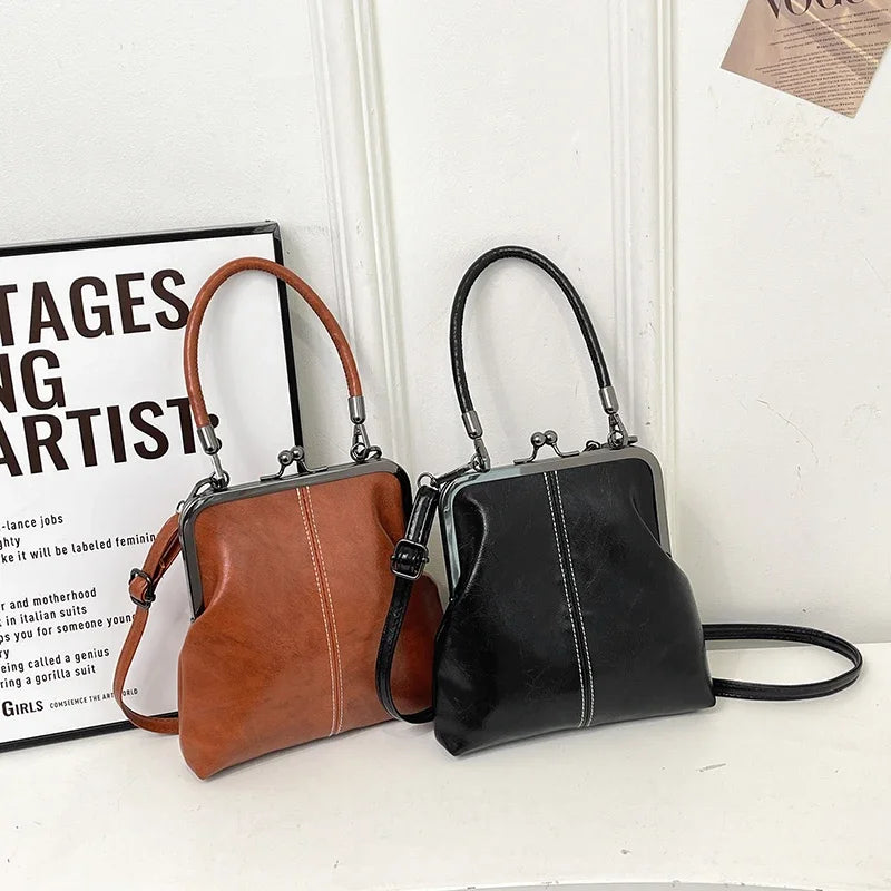 Small Leather Tote Handbags Retro Kiss Lock Short Handle Women Crossbody Bags