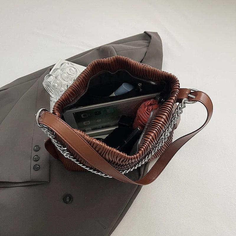 Women Shoulder Bags Leather Wave Pattern Thick Silver Chain Handle Snap Purses