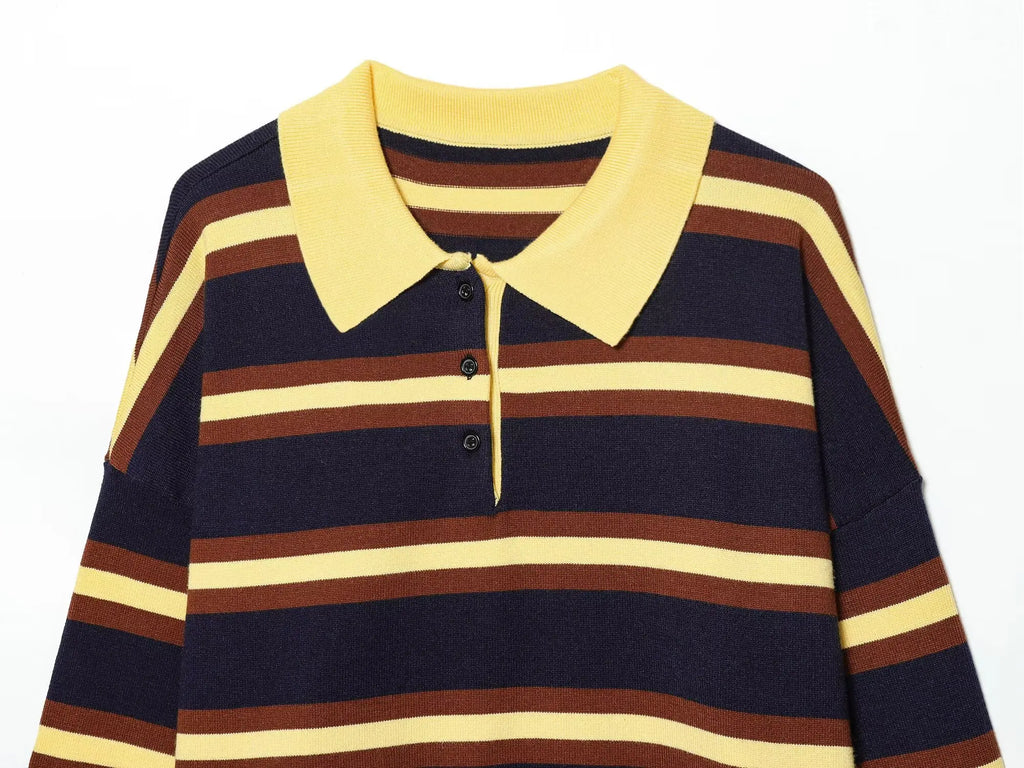 Women's Striped Polo Sweater Casual Long Sleeve Loose Pullover