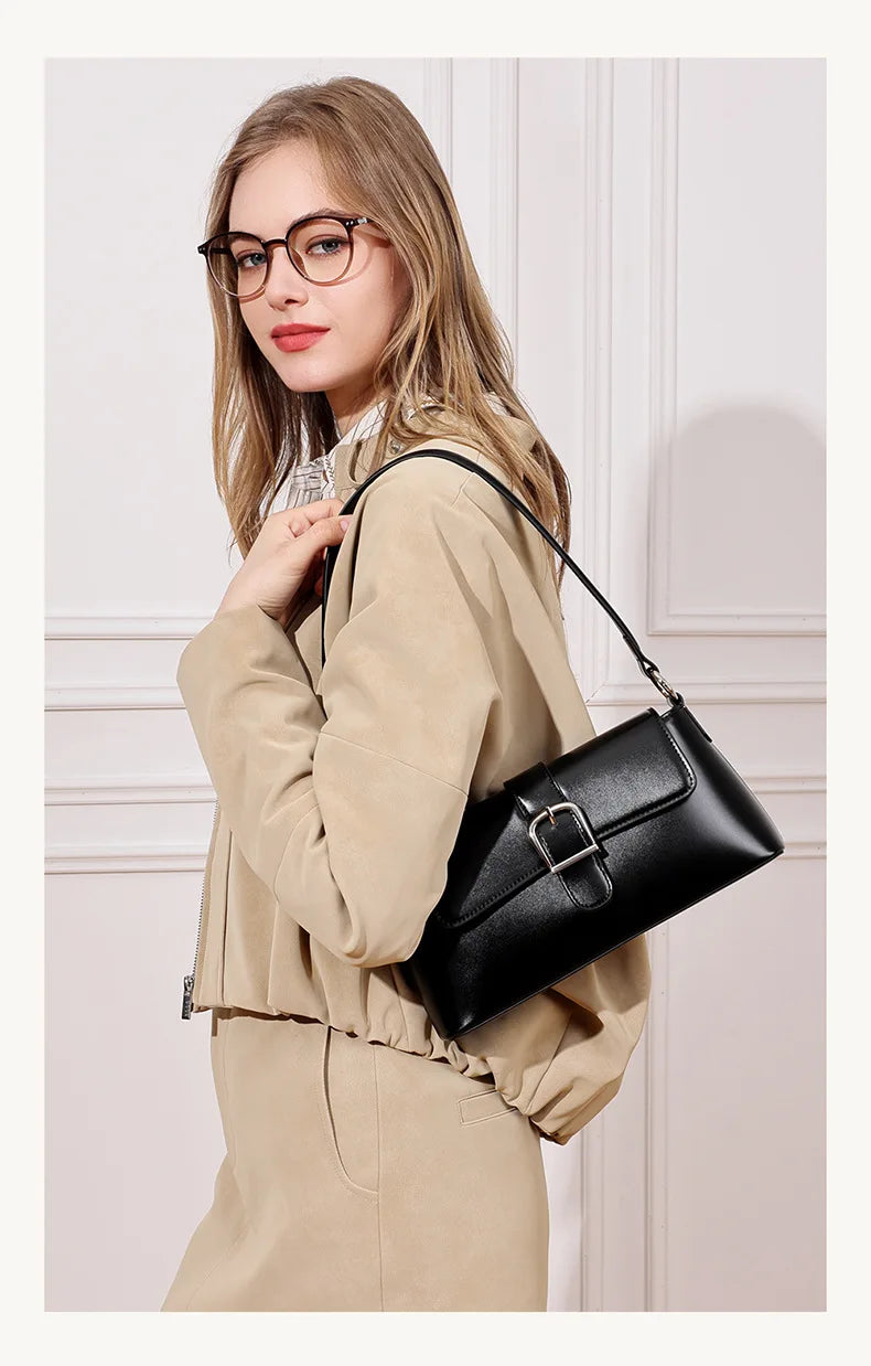 Women's Genuine Leather Baguette Shoulder Bag – Vintage Cowhide Crossbody