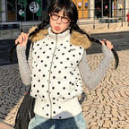 Women's Polka Dot Hooded Puffer Vest with Plush Trim