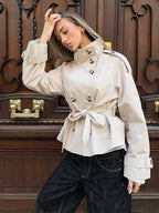 Women's Jacket Solid Lace-Up Double-Breasted Turn-Down Collar Full-Sleeve High-Waist Short Streetwear Coat